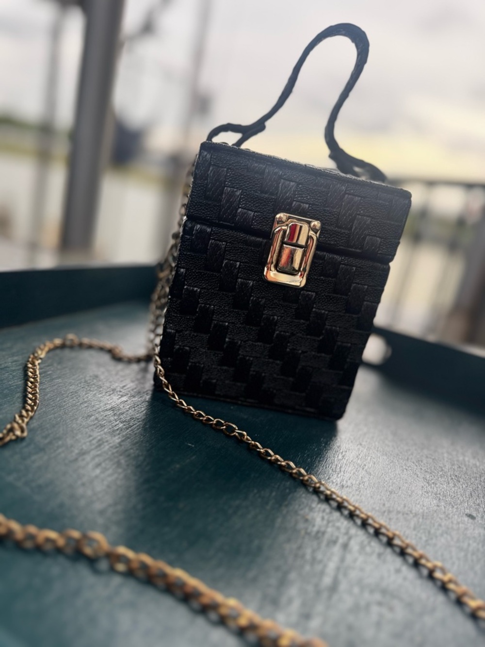 Black Woven Crossbody mini box Bag with Gold Chain Accent